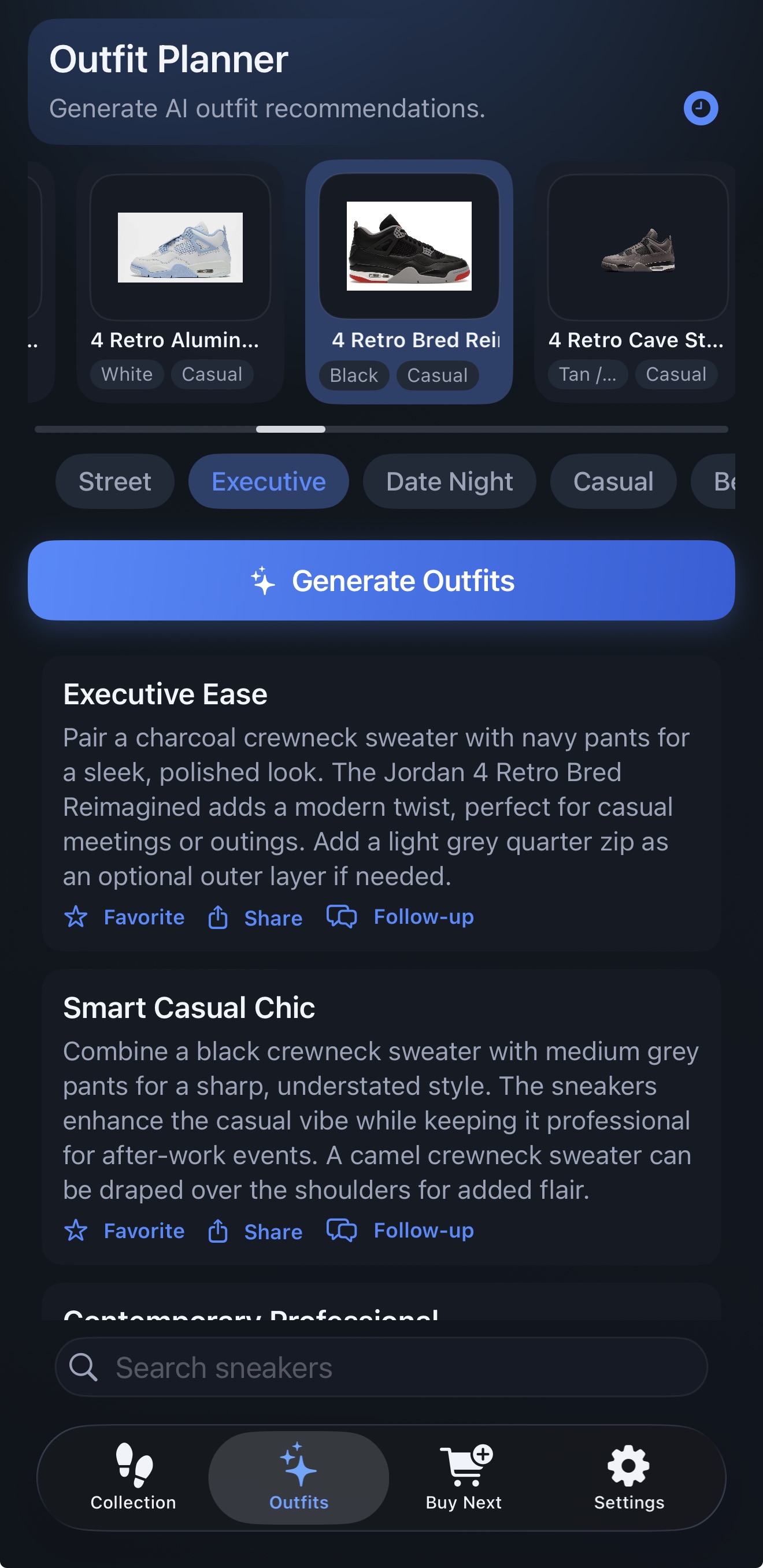 Solely outfit planner screen in dark mode